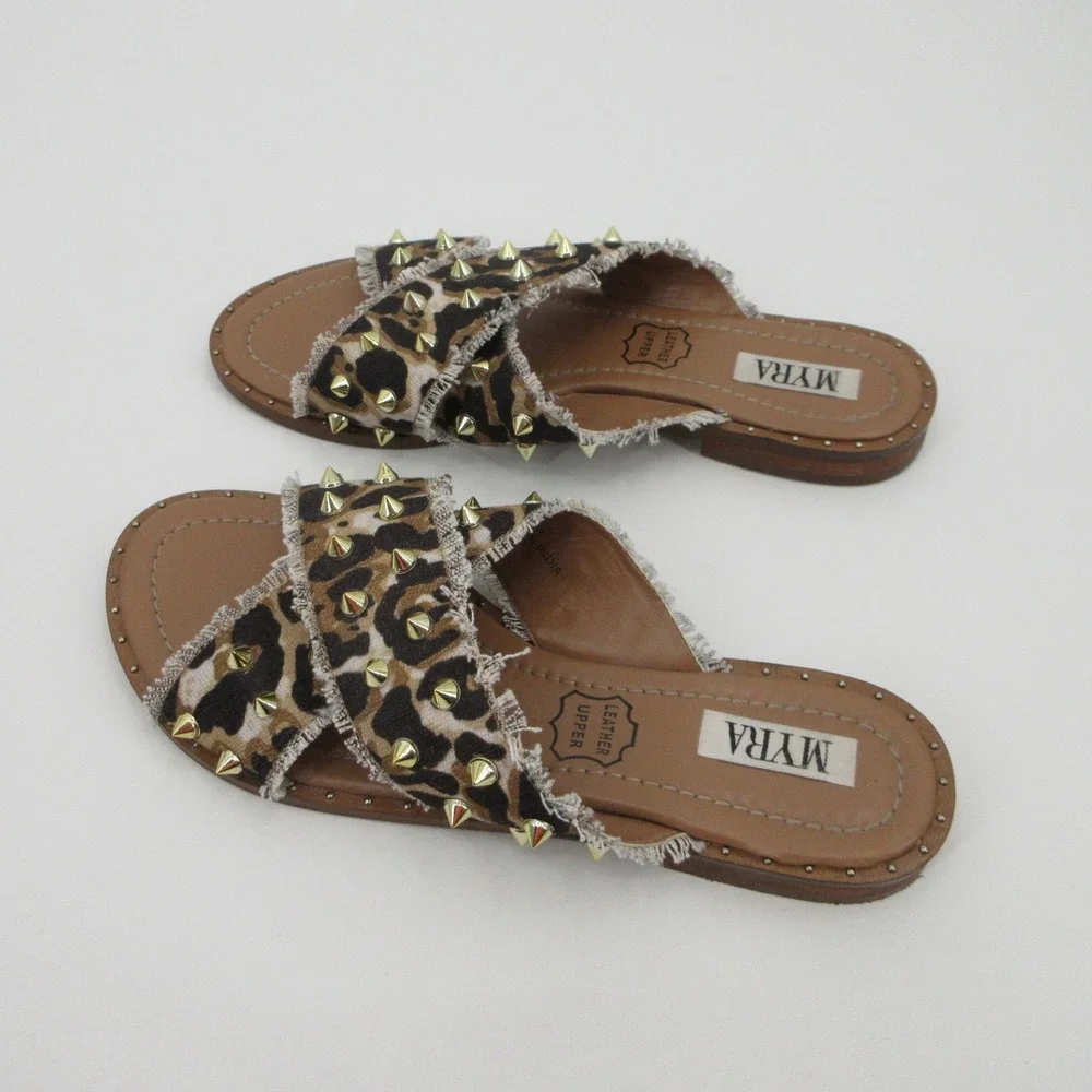 Myra Womens Leopard Print Studded Crisscross Slide Sandals Flat Brown Size 9